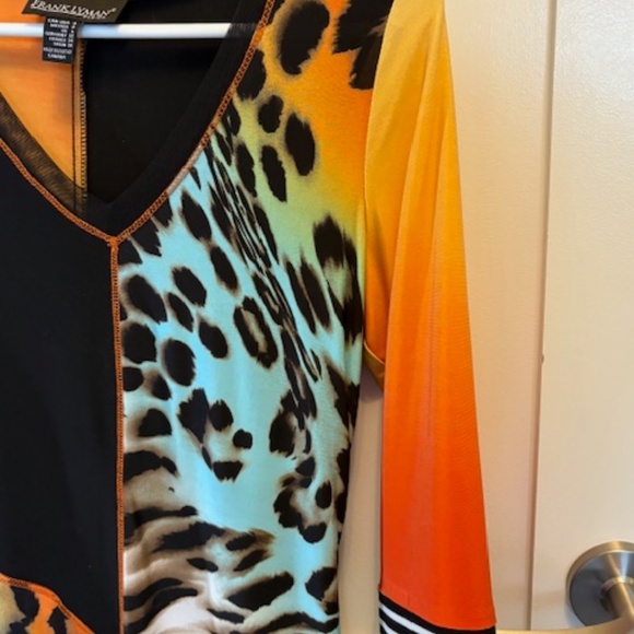 FRANK LYMAN long top/tunic sz US/CAN 4 multicolour animal print ruffled hem - Picture 12 of 15